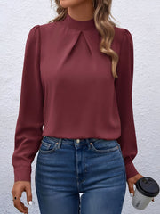 Satin Mock Neck Puff Sleeves Work Blouse