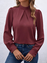Satin Mock Neck Puff Sleeves Work Blouse