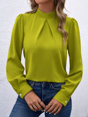 Satin Mock Neck Puff Sleeves Work Blouse
