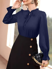 Solid Color Ruffled Neck Smocked Puff Sleeves Blouse