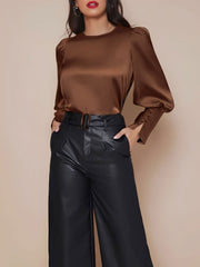 Satin Crew Neck Bishop Sleeves Work Blouse