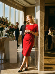 Short Sleeve Crew Neck Midi Sheath Work Dress