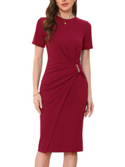 Short Sleeve Crew Neck Midi Sheath Work Dress