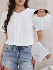 Short Sleeve Peter Pan Collar Button Down Cotton Blouse