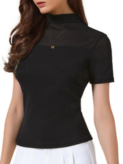 Summer Illusion Mock Neck Short Sleeve Sheer Mesh Blouse