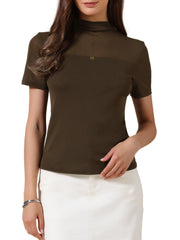 Summer Illusion Mock Neck Short Sleeve Sheer Mesh Blouse
