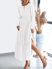 Notch Neck Puff Long Sleeves Pockets Tiered A-Line Midi Dress
