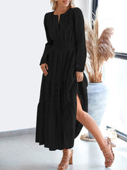 Notch Neck Puff Long Sleeves Pockets Tiered A-Line Midi Dress