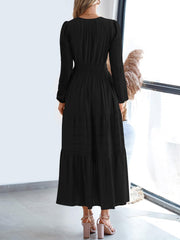Notch Neck Puff Long Sleeves Pockets Tiered A-Line Midi Dress