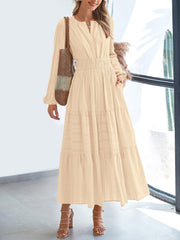 Notch Neck Puff Long Sleeves Pockets Tiered A-Line Midi Dress