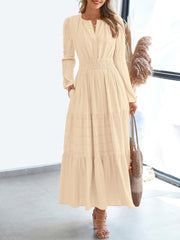 Notch Neck Puff Long Sleeves Pockets Tiered A-Line Midi Dress