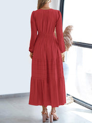 Notch Neck Puff Long Sleeves Pockets Tiered A-Line Midi Dress