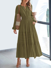 Notch Neck Puff Long Sleeves Pockets Tiered A-Line Midi Dress