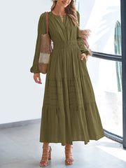 Notch Neck Puff Long Sleeves Pockets Tiered A-Line Midi Dress