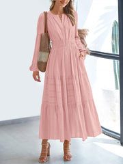 Notch Neck Puff Long Sleeves Pockets Tiered A-Line Midi Dress