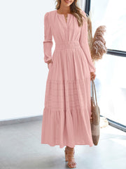 Notch Neck Puff Long Sleeves Pockets Tiered A-Line Midi Dress