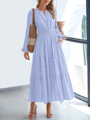 Notch Neck Puff Long Sleeves Pockets Tiered A-Line Midi Dress