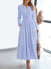 Notch Neck Puff Long Sleeves Pockets Tiered A-Line Midi Dress