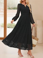 Notch Neck Puff Long Sleeves Eyelet Pockets A-Line Tiered Maxi Dress