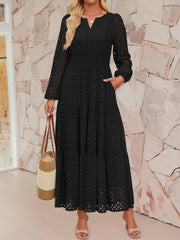 Notch Neck Puff Long Sleeves Eyelet Pockets A-Line Tiered Maxi Dress