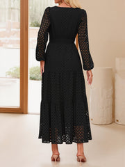 Notch Neck Puff Long Sleeves Eyelet Pockets A-Line Tiered Maxi Dress