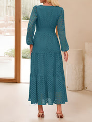 Notch Neck Puff Long Sleeves Eyelet Pockets A-Line Tiered Maxi Dress