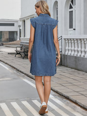 Denim V Neck Cap Sleeve Loose Fit Above the Knee Casual Tunic Jean Dress