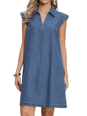 Denim V Neck Cap Sleeve Loose Fit Above the Knee Casual Tunic Jean Dress