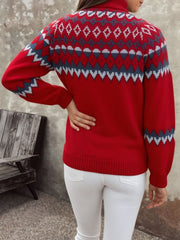 Mock Neck Knitted Geometric Pattern Fair Isle Ski Sweater