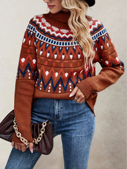 Turtleneck Long Sleeves Knitted Pullover Fair Isle Ski Sweater