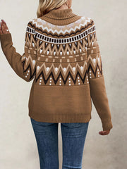 Turtleneck Long Sleeves Knitted Pullover Fair Isle Ski Sweater