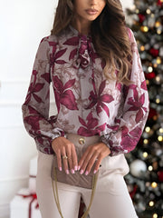 Floral Print Puff Long Sleeves Bow-Tie Blouse
