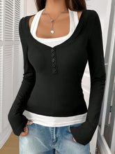 Fake-Two-Piece Color Blocked Stretch Long Sleeves Top