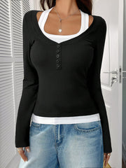 Fake-Two-Piece Color Blocked Stretch Long Sleeves Top