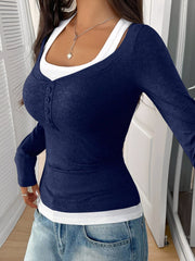 Fake-Two-Piece Color Blocked Stretch Long Sleeves Top