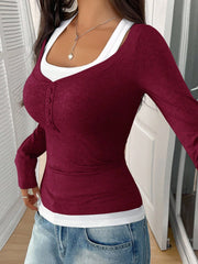 Fake-Two-Piece Color Blocked Stretch Long Sleeves Top