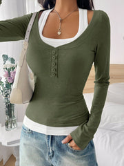 Fake-Two-Piece Color Blocked Stretch Long Sleeves Top