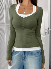 Fake-Two-Piece Color Blocked Stretch Long Sleeves Top