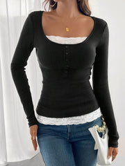 Colorblock Lace Patchwork Long Sleeves Blouse