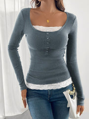 Colorblock Lace Patchwork Long Sleeves Blouse