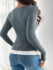 Colorblock Lace Patchwork Long Sleeves Blouse