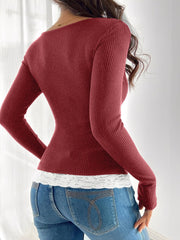 Colorblock Lace Patchwork Long Sleeves Blouse