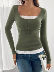 Colorblock Lace Patchwork Long Sleeves Blouse