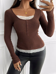 Colorblock Lace Patchwork Long Sleeves Blouse