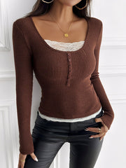 Colorblock Lace Patchwork Long Sleeves Blouse