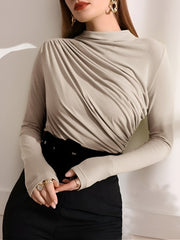 Ruched Mock Neck Long Sleeves Solid Color Blouse
