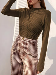 Ruched Mock Neck Long Sleeves Solid Color Blouse