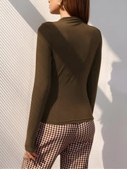 Ruched Mock Neck Long Sleeves Solid Color Blouse