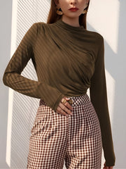 Ruched Mock Neck Long Sleeves Solid Color Blouse