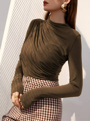 Ruched Mock Neck Long Sleeves Solid Color Blouse